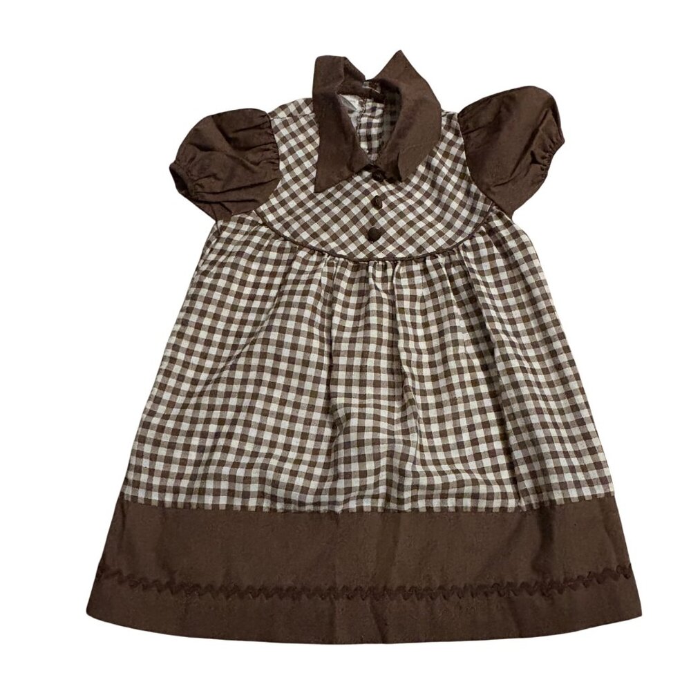 Vintage Brown & White Sears Gingham Girls Dress 5 Puff Sleeves & Peter Pan Colla